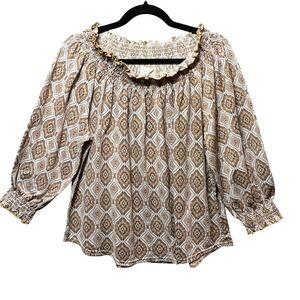 Melloday Peasant Top Small Brown Cream‎ Diamond Print 3/4 Sleeve Smocked